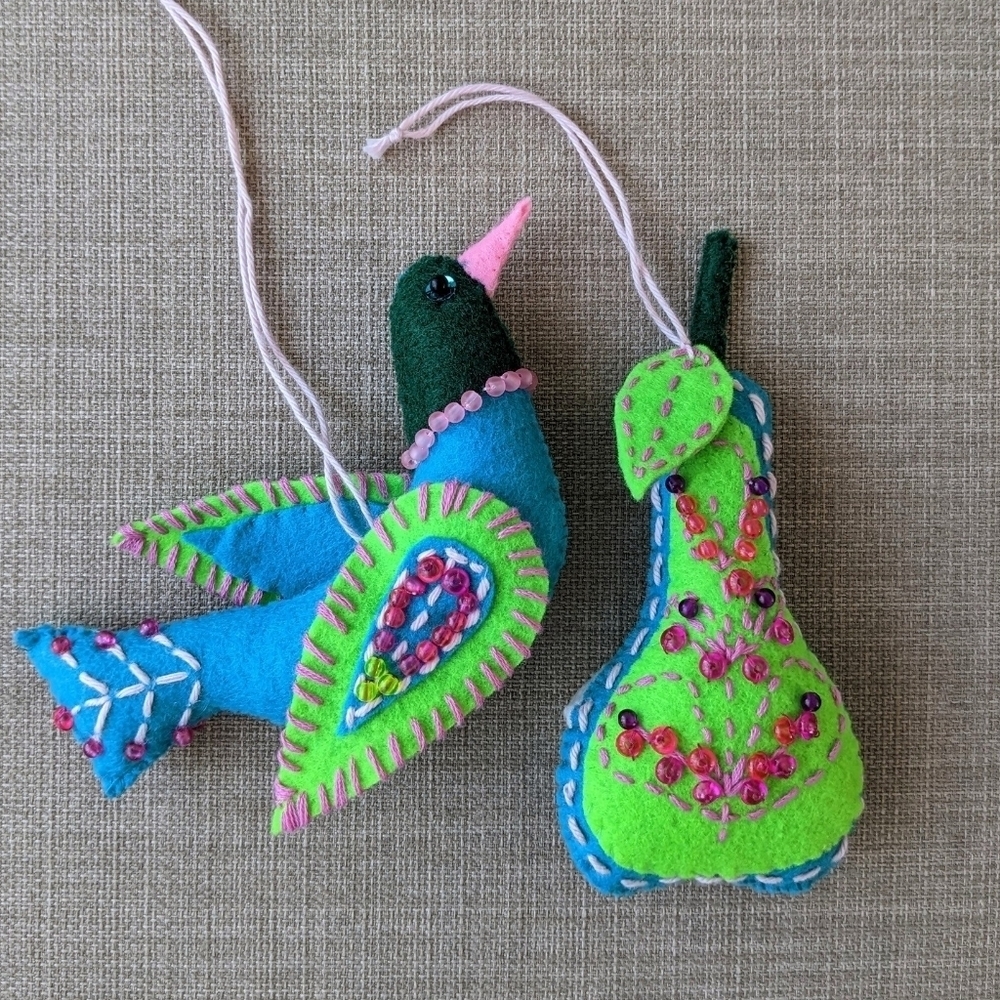 Handmade handcrafted felt ornaments birds embroidery beeds blue green